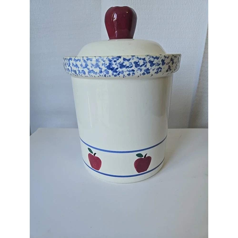 Vtg Treasure Craft Apple Cookie Jar Canister Spongeware Pottery Retro Kitchen 10